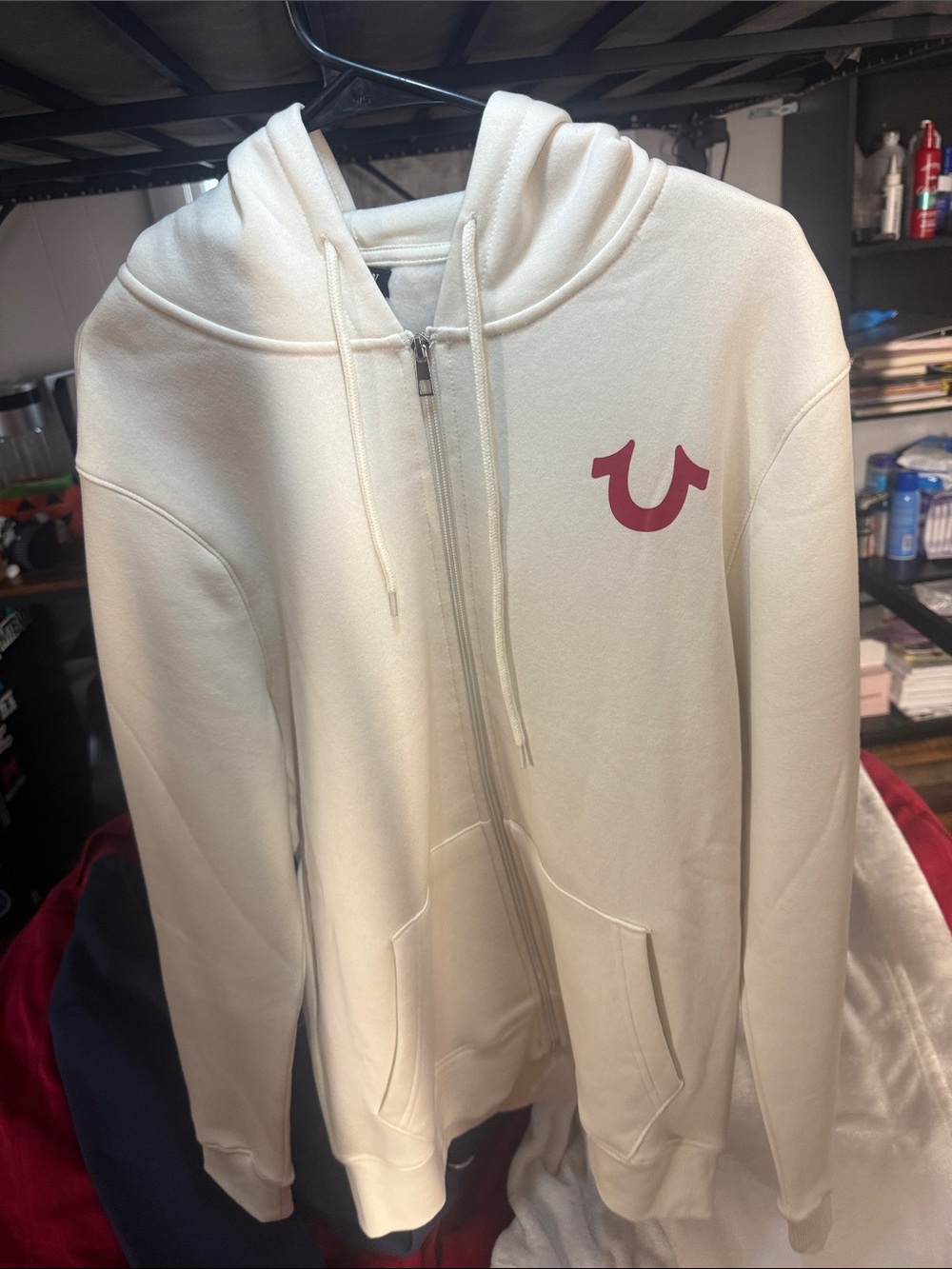 True Religion Cream Full-Zip Hoodie with Red Horseshoe Logo